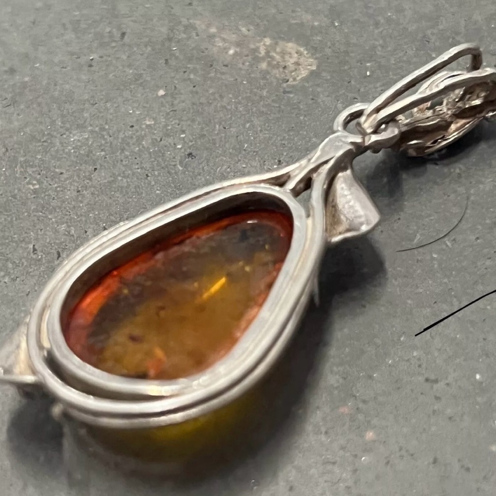 Teardrop Shaped Amber and Intricately Designed Silver Pendant - Picture 6 of 8